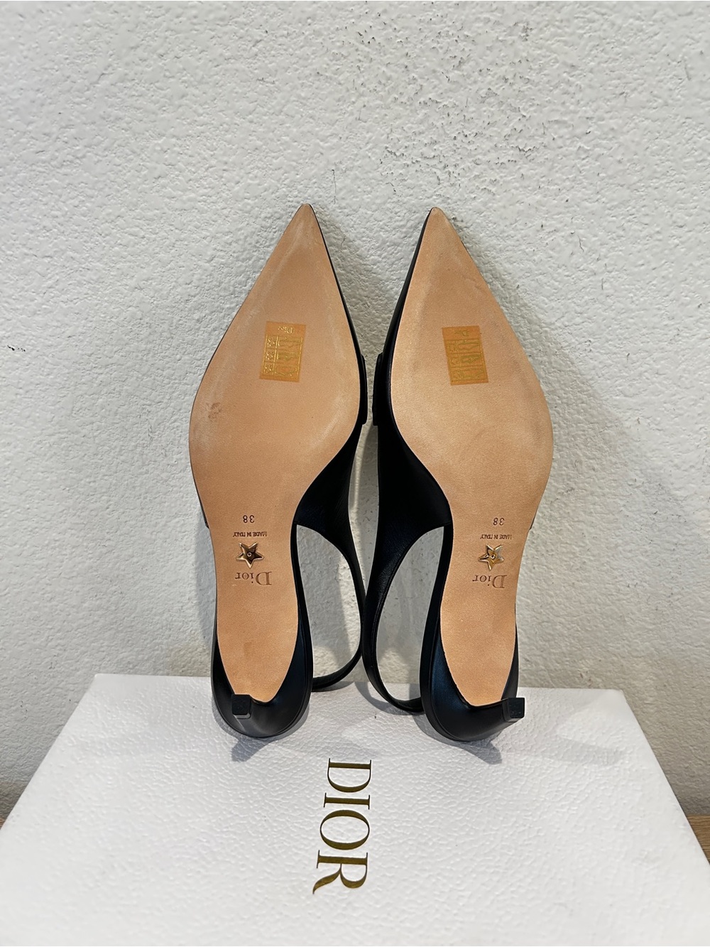NIB DIOR Dior Boy Leather Slingback pumps w/gold-tone lettering, Size 38, $1300 - Picture 7 of 13